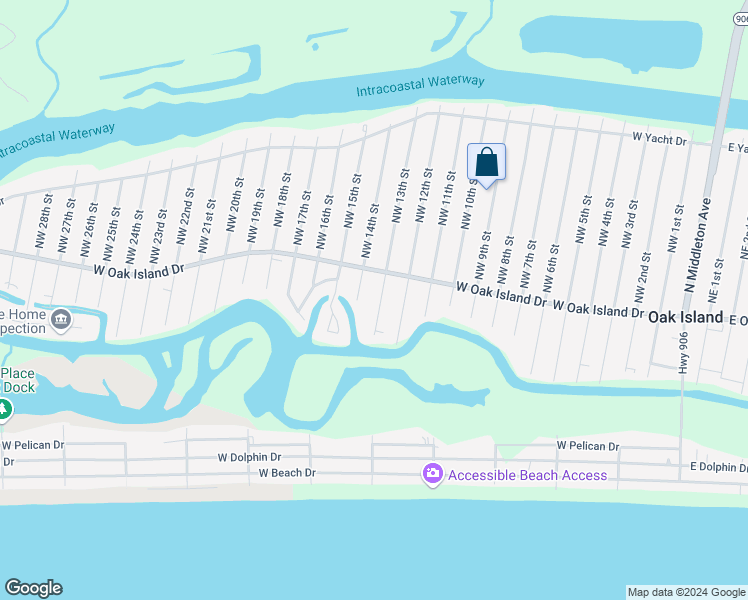 map of restaurants, bars, coffee shops, grocery stores, and more near 107 Southwest 13th Street in Oak Island