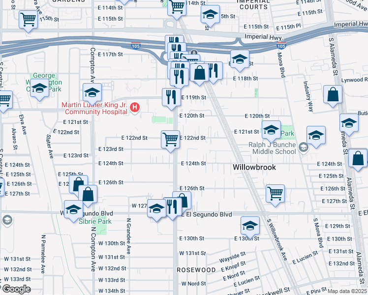 map of restaurants, bars, coffee shops, grocery stores, and more near 12224 Wilmington Avenue in Compton