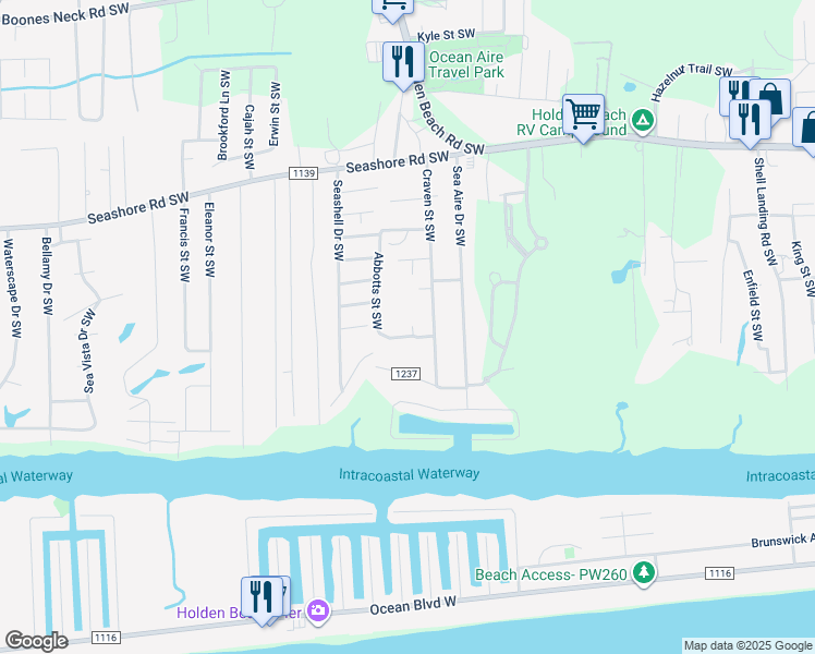 map of restaurants, bars, coffee shops, grocery stores, and more near 2845 Carstens Way Southwest in Brunswick County
