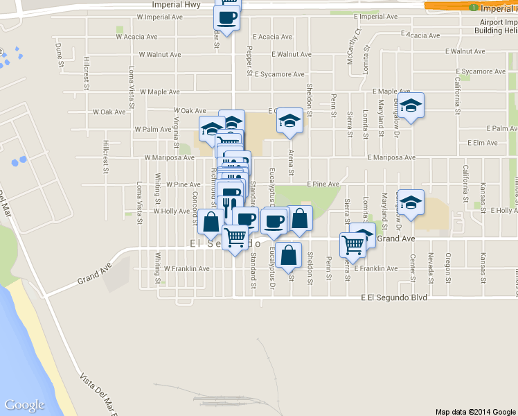 map of restaurants, bars, coffee shops, grocery stores, and more near 402 Standard Street in El Segundo