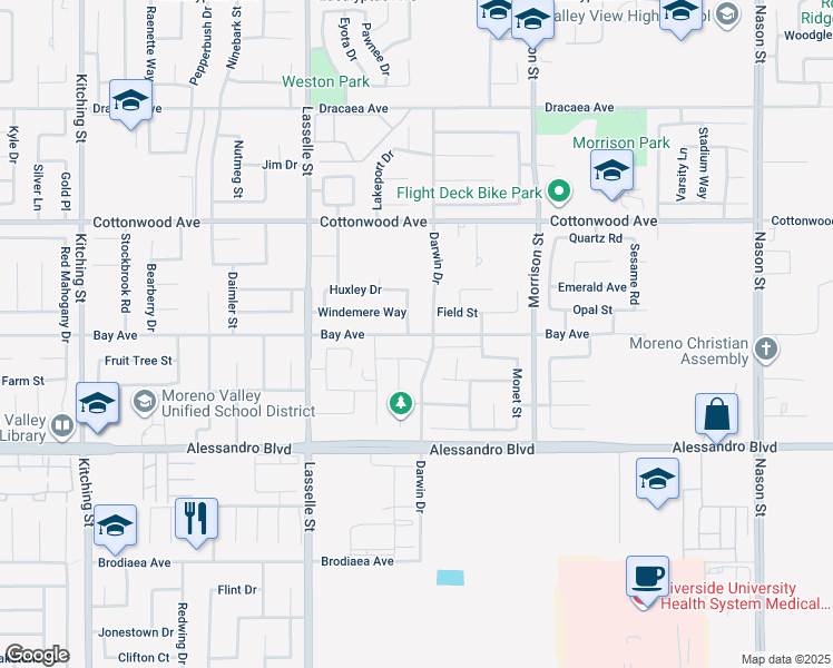 map of restaurants, bars, coffee shops, grocery stores, and more near 26221 Bay Avenue in Moreno Valley