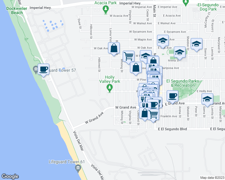 map of restaurants, bars, coffee shops, grocery stores, and more near 403 Loma Vista Street in El Segundo