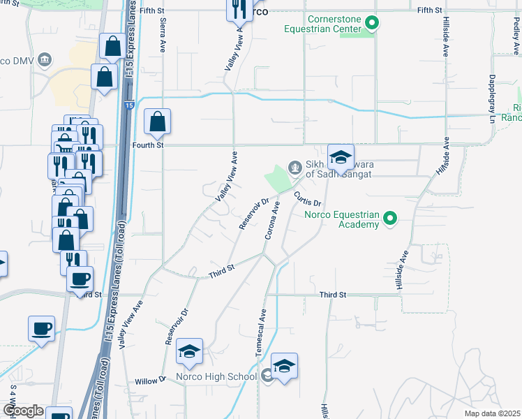 map of restaurants, bars, coffee shops, grocery stores, and more near 2703 Reservoir Drive in Norco