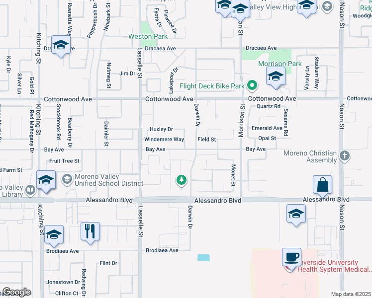 map of restaurants, bars, coffee shops, grocery stores, and more near 26185 Bay Avenue in Moreno Valley
