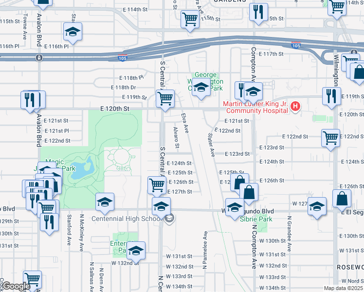 map of restaurants, bars, coffee shops, grocery stores, and more near 12224 Alvaro Street in Los Angeles