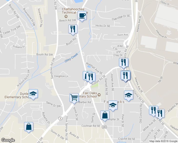 map of restaurants, bars, coffee shops, grocery stores, and more near 1305 South Cobb Drive in Marietta