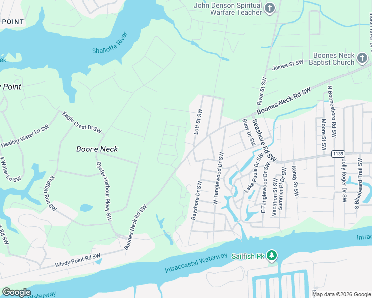 map of restaurants, bars, coffee shops, grocery stores, and more near 3216 Boones Neck Road Southwest in Brunswick County