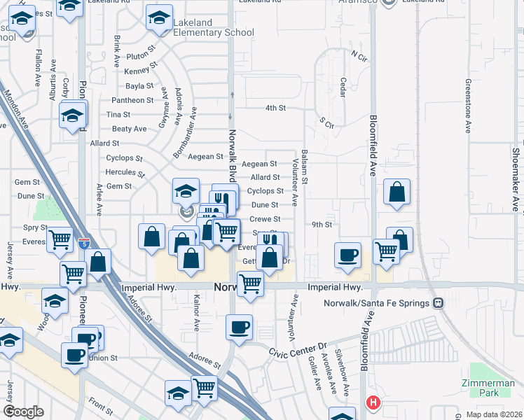 map of restaurants, bars, coffee shops, grocery stores, and more near 12240 Dune Street in Norwalk