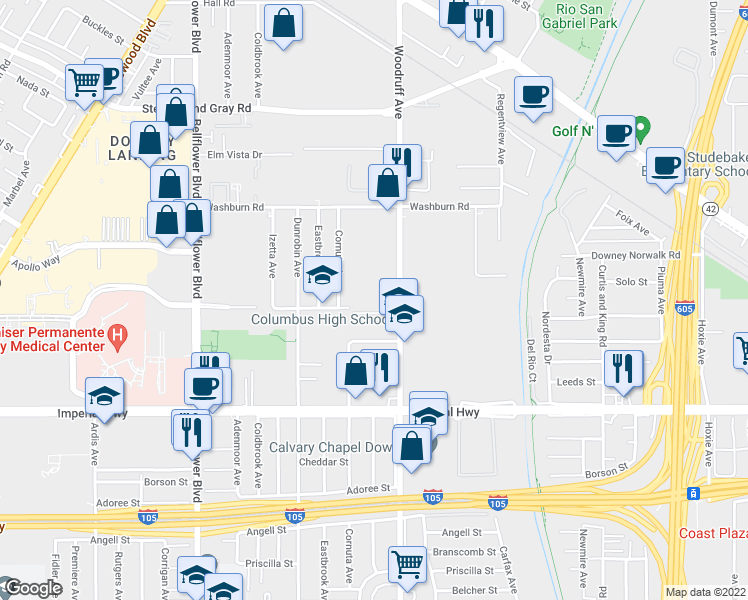 map of restaurants, bars, coffee shops, grocery stores, and more near 12265 Woodruff Avenue in Downey
