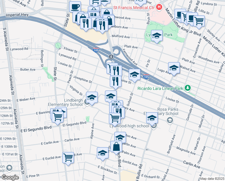 map of restaurants, bars, coffee shops, grocery stores, and more near 3380 Josephine Street in Lynwood
