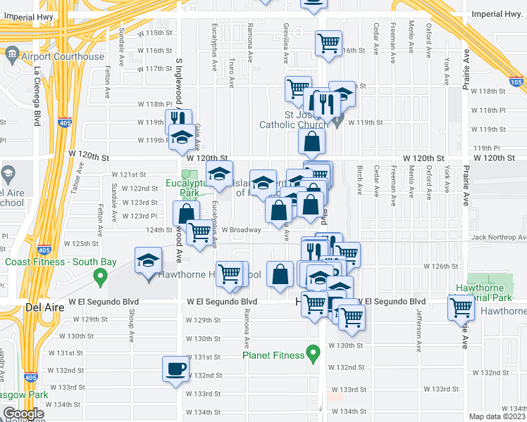map of restaurants, bars, coffee shops, grocery stores, and more near 12245 Manor Drive in Hawthorne