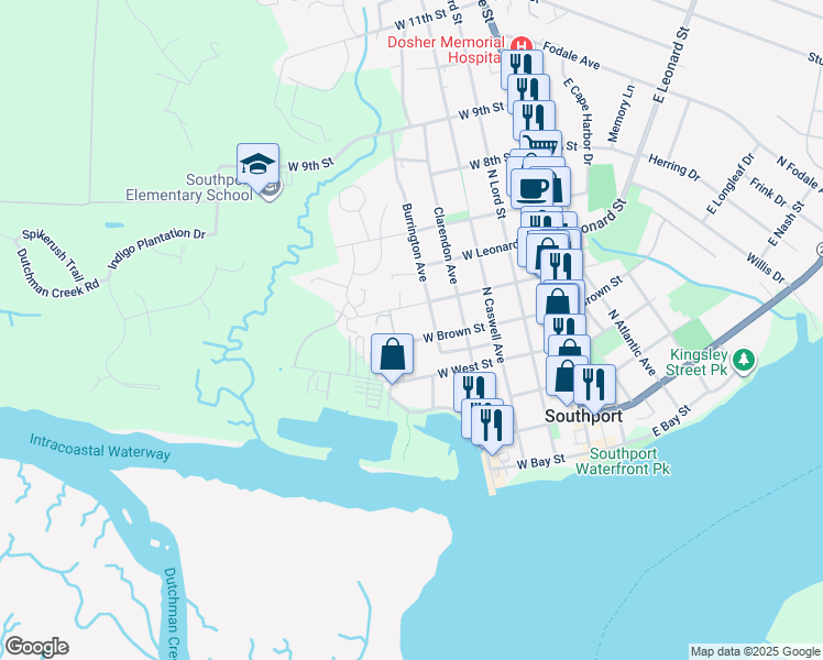 map of restaurants, bars, coffee shops, grocery stores, and more near 502 West Brown Street in Southport
