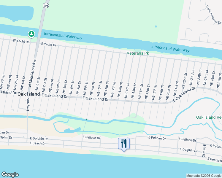 map of restaurants, bars, coffee shops, grocery stores, and more near 108 Northeast 12th Street in Oak Island