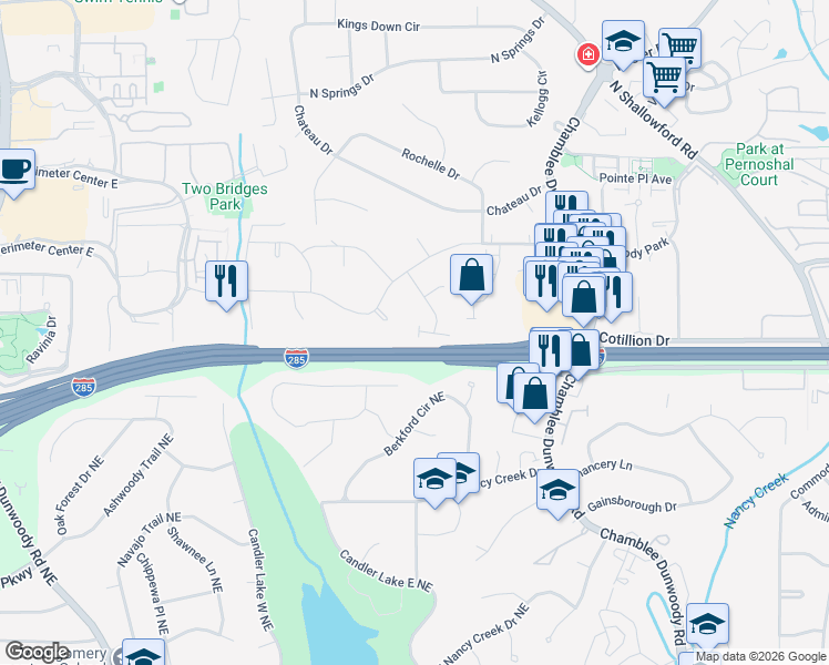 map of restaurants, bars, coffee shops, grocery stores, and more near 1574 Chateau Club in Dunwoody