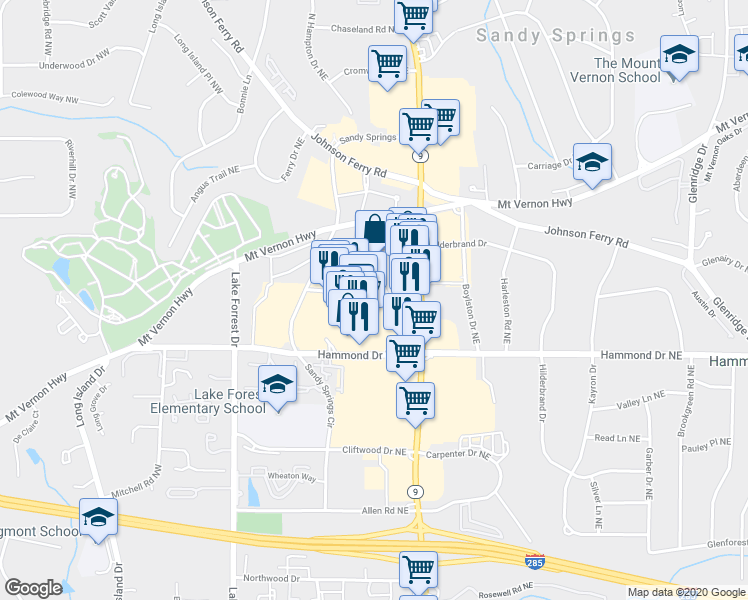 map of restaurants, bars, coffee shops, grocery stores, and more near 6050 City Walk Lane in Atlanta
