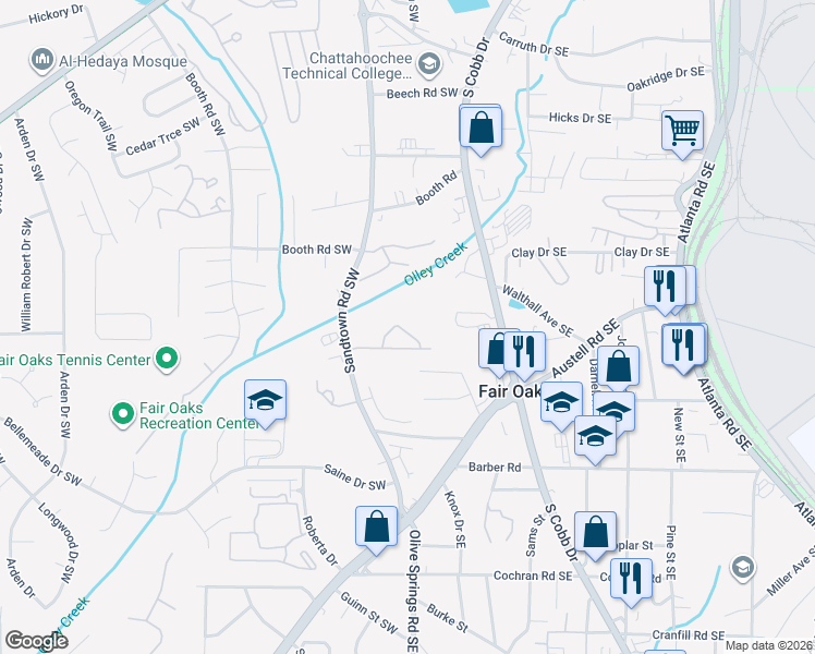 map of restaurants, bars, coffee shops, grocery stores, and more near 1187 Kendrew Pass in Marietta