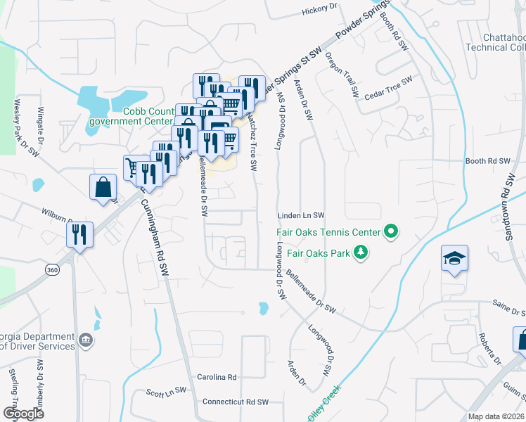 map of restaurants, bars, coffee shops, grocery stores, and more near 620 Springhollow Lane Southwest in Marietta