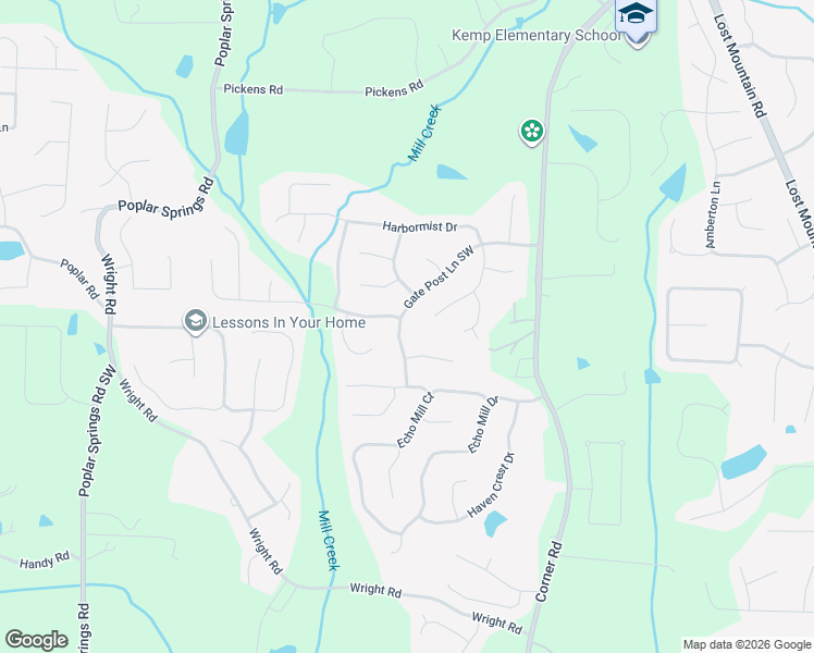map of restaurants, bars, coffee shops, grocery stores, and more near 1283 Gate Post Lane in Powder Springs