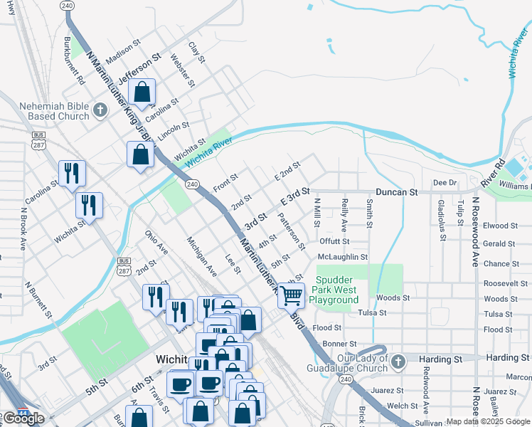 map of restaurants, bars, coffee shops, grocery stores, and more near 300 Patterson Street in Wichita Falls