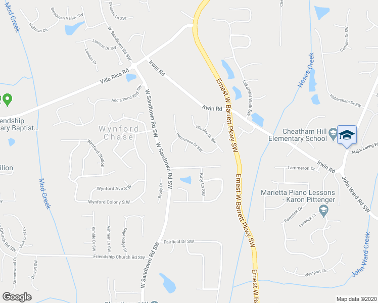 map of restaurants, bars, coffee shops, grocery stores, and more near 1243 Penncross Court South West in Marietta