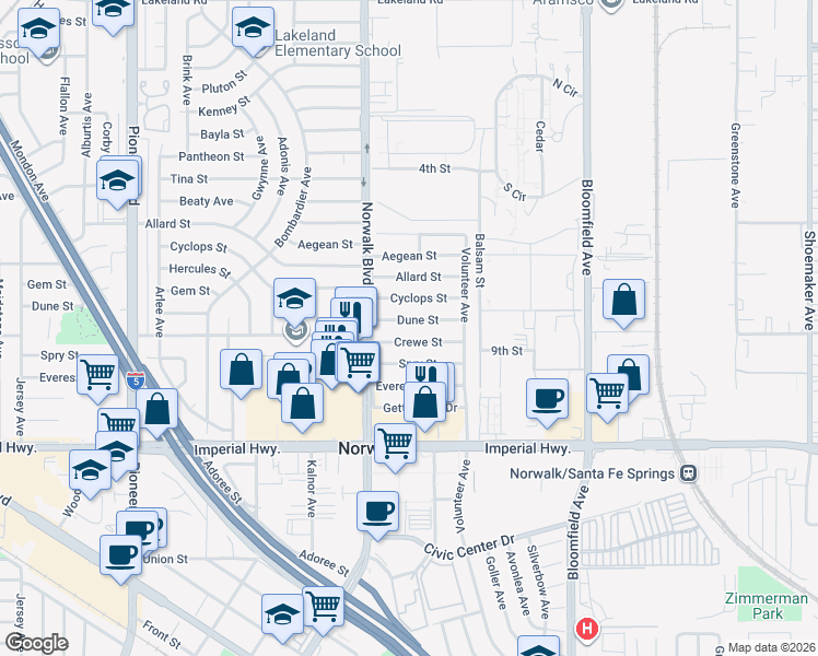 map of restaurants, bars, coffee shops, grocery stores, and more near 12240 Dune Street in Norwalk