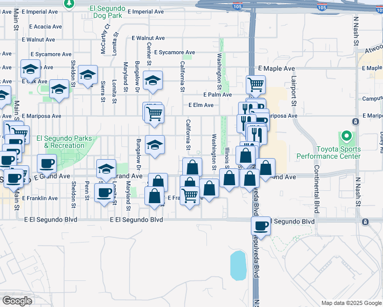 map of restaurants, bars, coffee shops, grocery stores, and more near 400 California Street in El Segundo