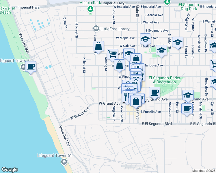 map of restaurants, bars, coffee shops, grocery stores, and more near 423 West Holly Avenue in El Segundo