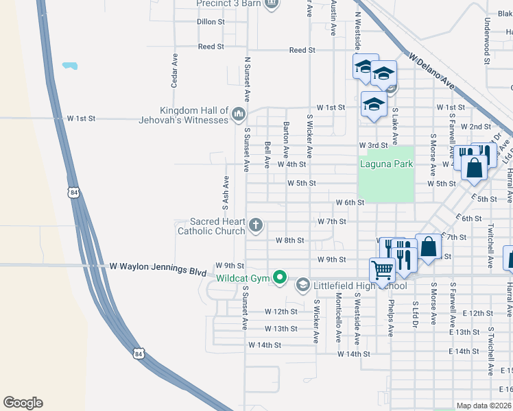 map of restaurants, bars, coffee shops, grocery stores, and more near 1318 West 6th Street in Littlefield