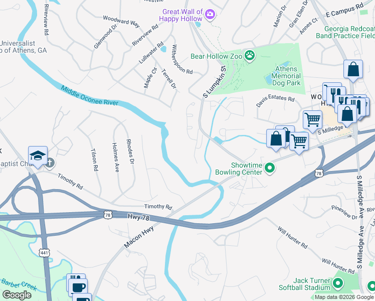 map of restaurants, bars, coffee shops, grocery stores, and more near 221 Hamilton Road in Athens