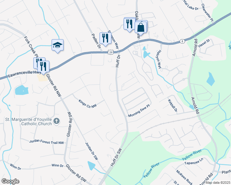 map of restaurants, bars, coffee shops, grocery stores, and more near 2170 Trelipe Drive in Lawrenceville