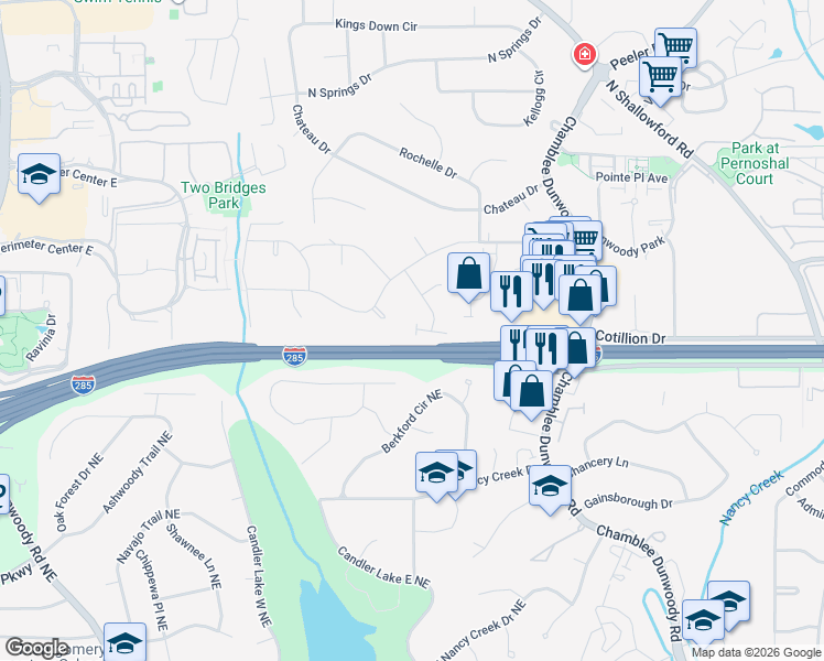 map of restaurants, bars, coffee shops, grocery stores, and more near 1578 Chateau Club in Dunwoody