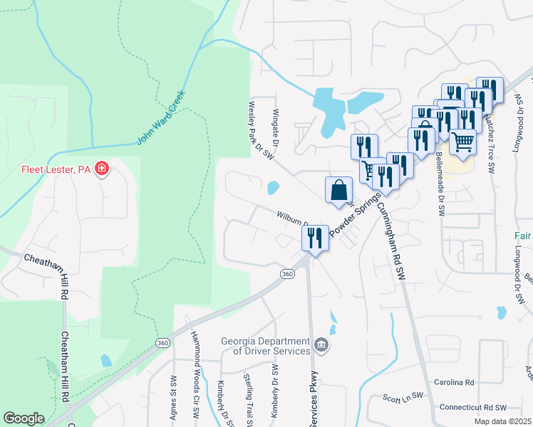 map of restaurants, bars, coffee shops, grocery stores, and more near 1089 Wilburn Drive Southwest in Marietta