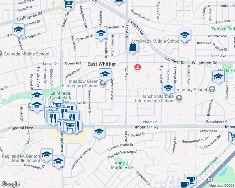map of restaurants, bars, coffee shops, grocery stores, and more near 16113 Candlelight Drive in Whittier