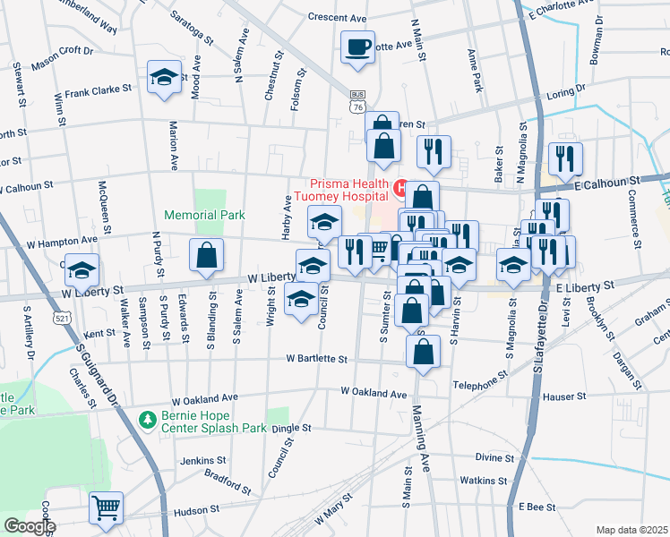 map of restaurants, bars, coffee shops, grocery stores, and more near 219 W Liberty St in Sumter