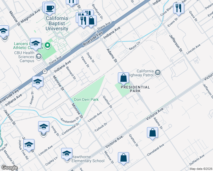 map of restaurants, bars, coffee shops, grocery stores, and more near 8436 Limestone Drive in Riverside