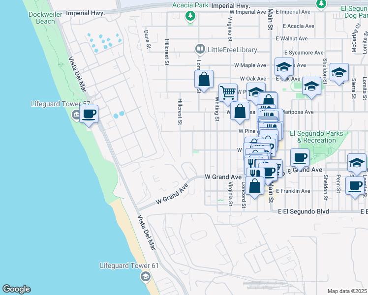 map of restaurants, bars, coffee shops, grocery stores, and more near 402 Hillcrest St in El Segundo