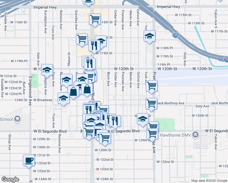 map of restaurants, bars, coffee shops, grocery stores, and more near 12246 Birch Avenue in Hawthorne