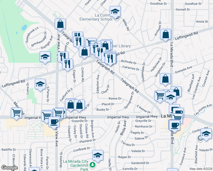 map of restaurants, bars, coffee shops, grocery stores, and more near 14527 Chere Drive in Whittier