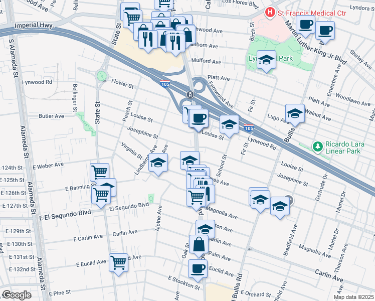 map of restaurants, bars, coffee shops, grocery stores, and more near 3380 Josephine Street in Lynwood