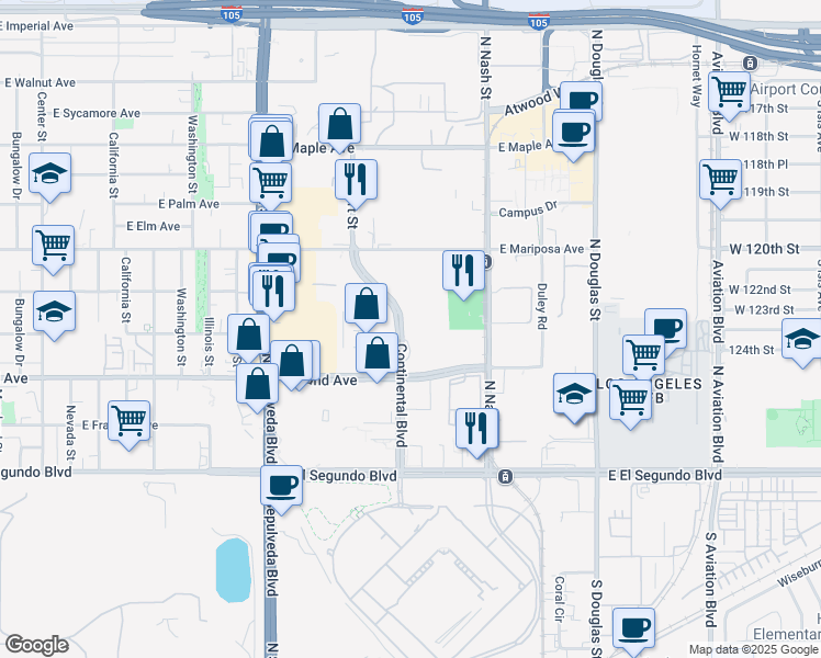 map of restaurants, bars, coffee shops, grocery stores, and more near 400 Continental Boulevard in El Segundo