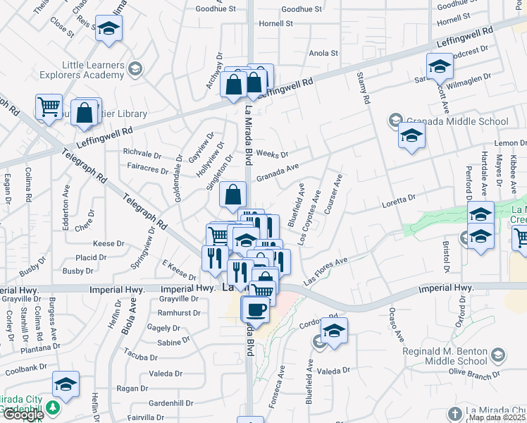 map of restaurants, bars, coffee shops, grocery stores, and more near 15020 Olive Lane in La Mirada