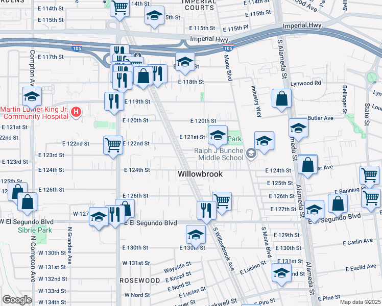 map of restaurants, bars, coffee shops, grocery stores, and more near 2218 East 122nd Street in Compton
