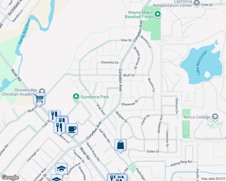 map of restaurants, bars, coffee shops, grocery stores, and more near 3520 Sunnyhills Drive in Norco