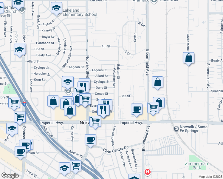 map of restaurants, bars, coffee shops, grocery stores, and more near 12340 Dune Street in Norwalk