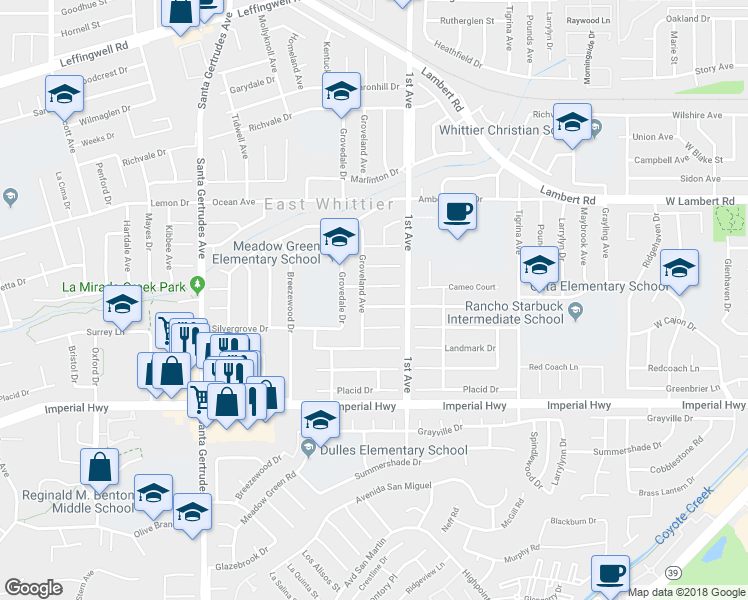 map of restaurants, bars, coffee shops, grocery stores, and more near 16113 Candlelight Drive in Whittier