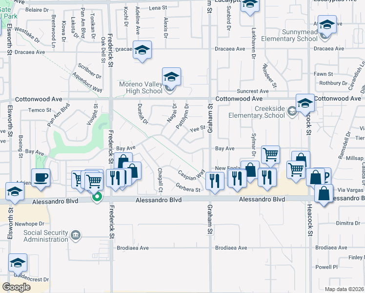 map of restaurants, bars, coffee shops, grocery stores, and more near 23298 Bay Avenue in Moreno Valley