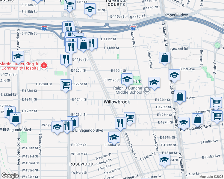 map of restaurants, bars, coffee shops, grocery stores, and more near 2222 East 124th Street in Compton