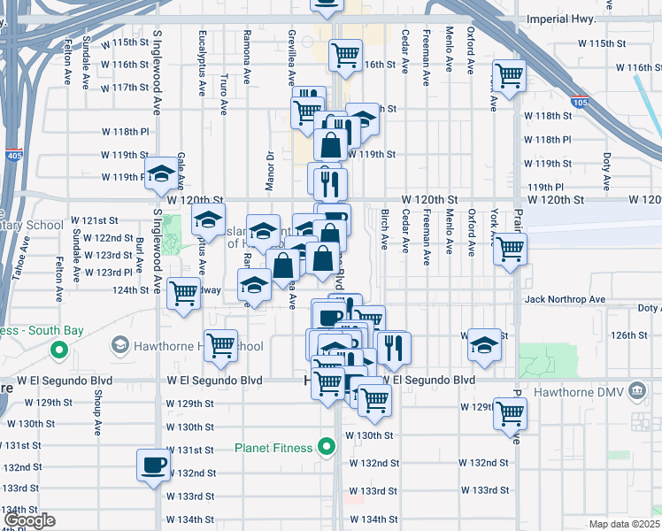 map of restaurants, bars, coffee shops, grocery stores, and more near 12251 Hawthorne Boulevard in Hawthorne