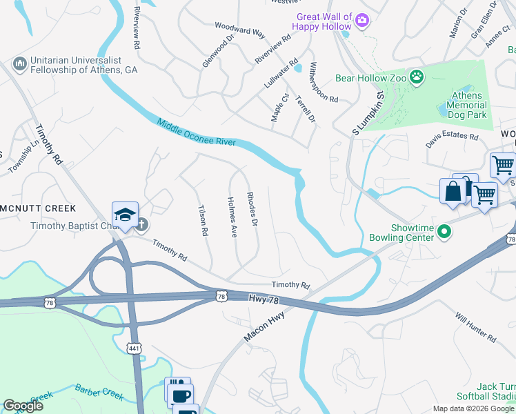 map of restaurants, bars, coffee shops, grocery stores, and more near 256 Rhodes Dr in Athens