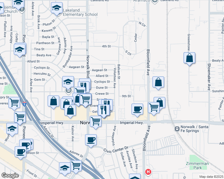 map of restaurants, bars, coffee shops, grocery stores, and more near 12340 Dune Street in Norwalk